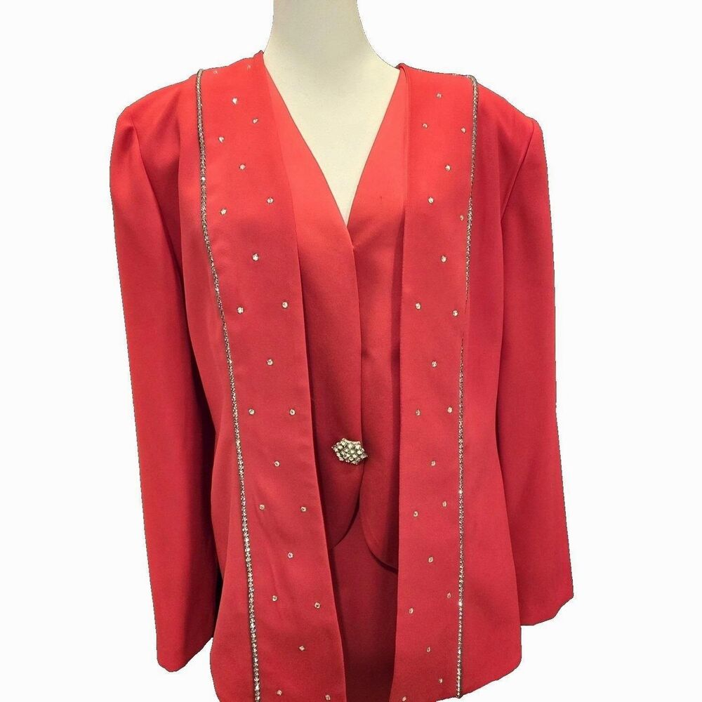 VTG 80s Night Studio NY Red Skirt Suit Fits 8 10 Rhinestone Studded Made in USA